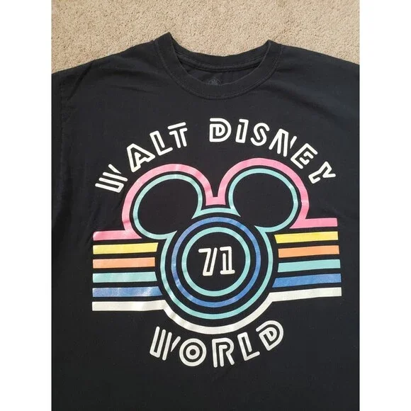 Walt Disney World 71 Retro Neon Black Rainbow Color Cotton T-shirt Women's Sz L - Picture 2 of 5